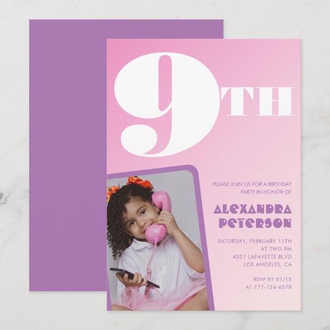 Rosa gradient 9-års födelsedagsinbjudningar flicka inbjudningar (Fram/baksida)