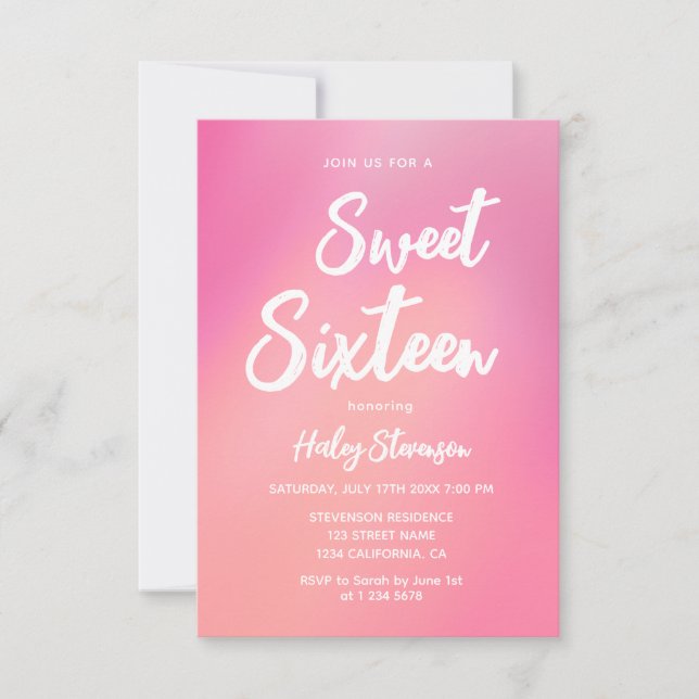 Rosa Gradient Modern Trendig Sweet 16 Birthday Inbjudningar (Framsida)