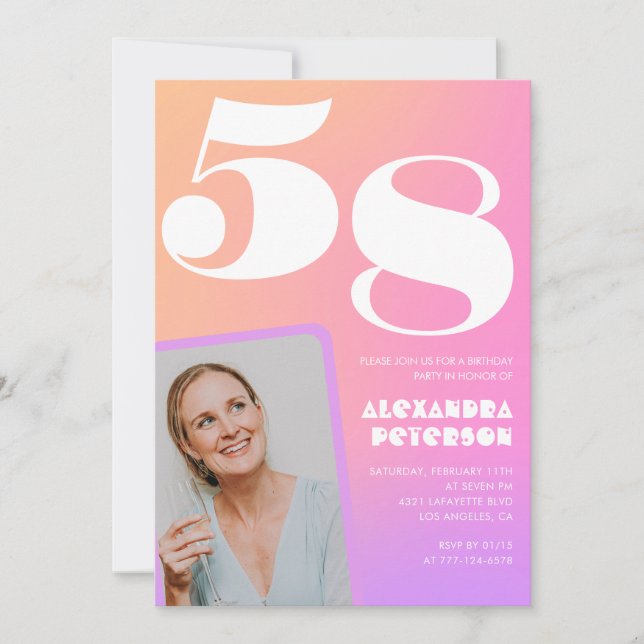 Rosa gradient retro foto 58-årsdag inbjudningar (Framsida)