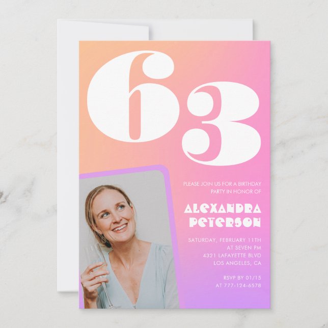 Rosa gradient retro foto 63-års födelsedagsinbjuda inbjudningar (Framsida)