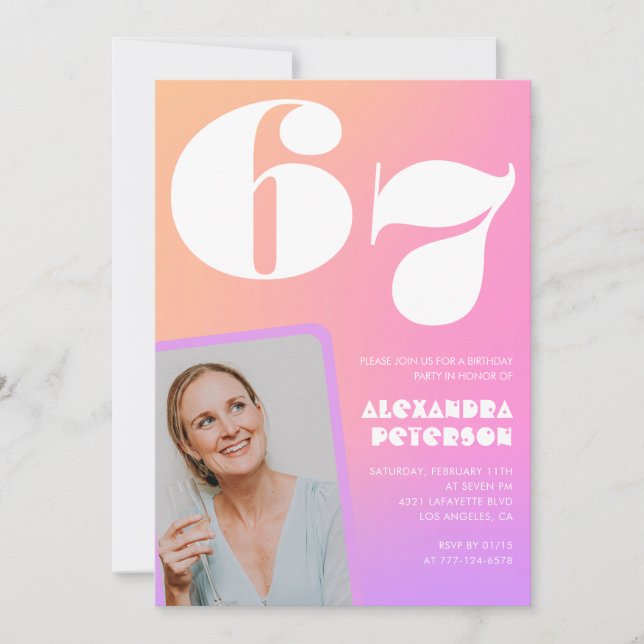 Rosa gradient retro foto 67-års födelsedagsinbjuda inbjudningar (Framsida)