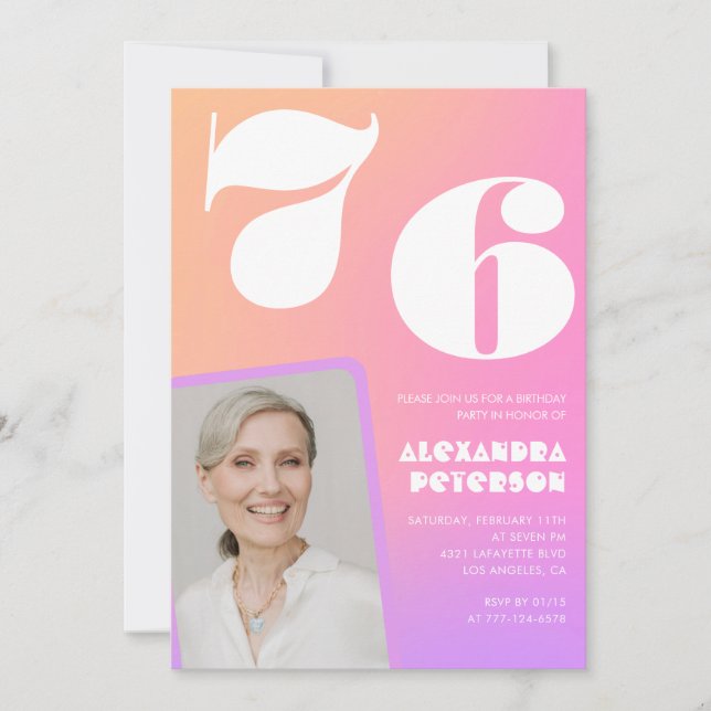 Rosa gradient retro foto 76-års födelsedagsinbjuda inbjudningar (Framsida)