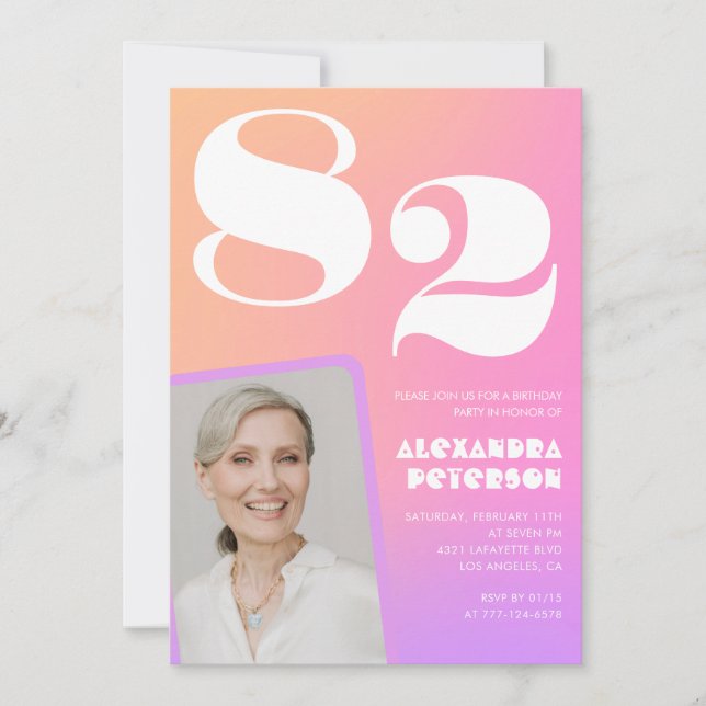 Rosa gradient retro foto 82-årsdag inbjudningar (Framsida)