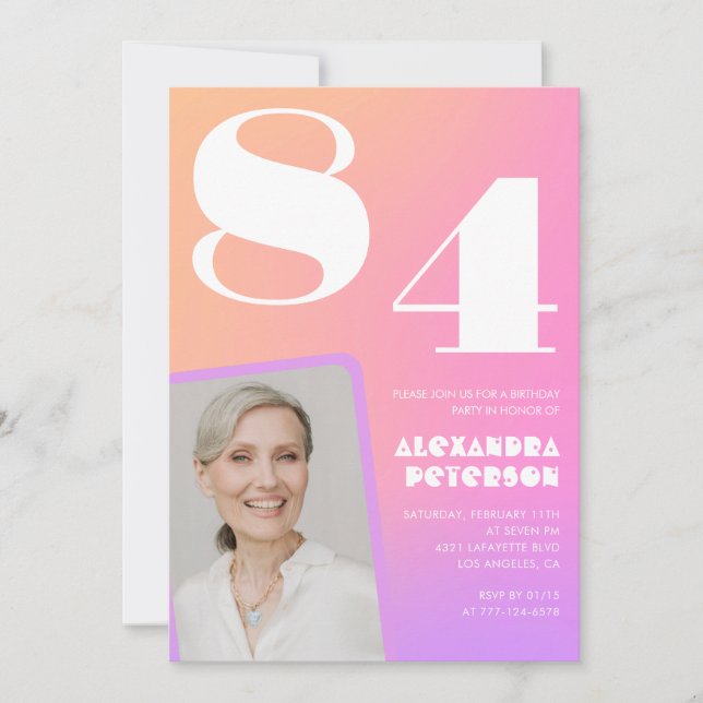 Rosa gradient retro foto 84-årsdag inbjudningar (Framsida)
