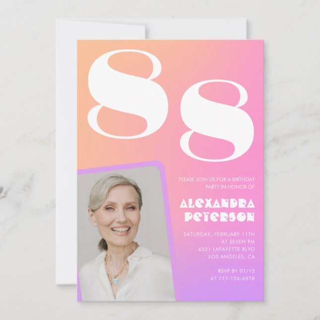 Rosa gradient retro foto 88-årsdag inbjudningar (Framsida)