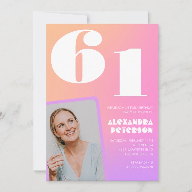 Rosa gradient retro foto inbjudan till 61-års föde (Framsida)