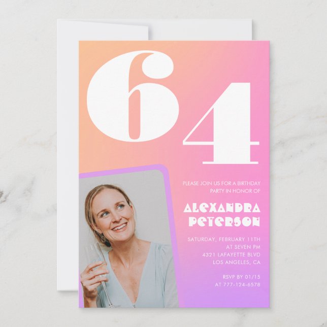 Rosa gradient retro foto inbjudan till 64-års föde (Framsida)
