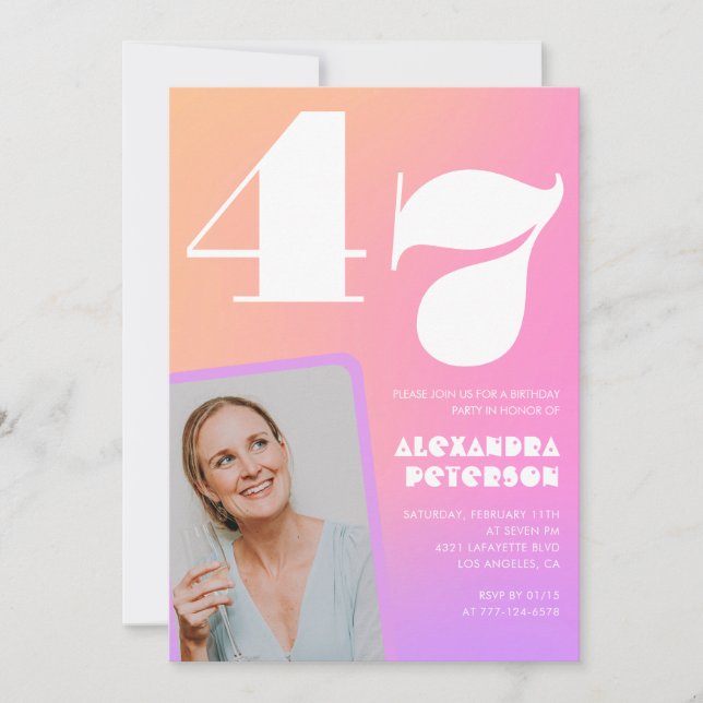 Rosa Gradient Retro Photo 47:e födelsedag Inbjudningar (Framsida)