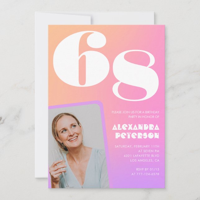 Rosa Gradient Retro Photo 68:e födelsedagsinbjudan Inbjudningar (Framsida)