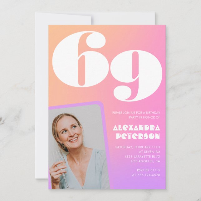 Rosa Gradient Retro Photo 69:e födelsedagsinbjudan Inbjudningar (Framsida)