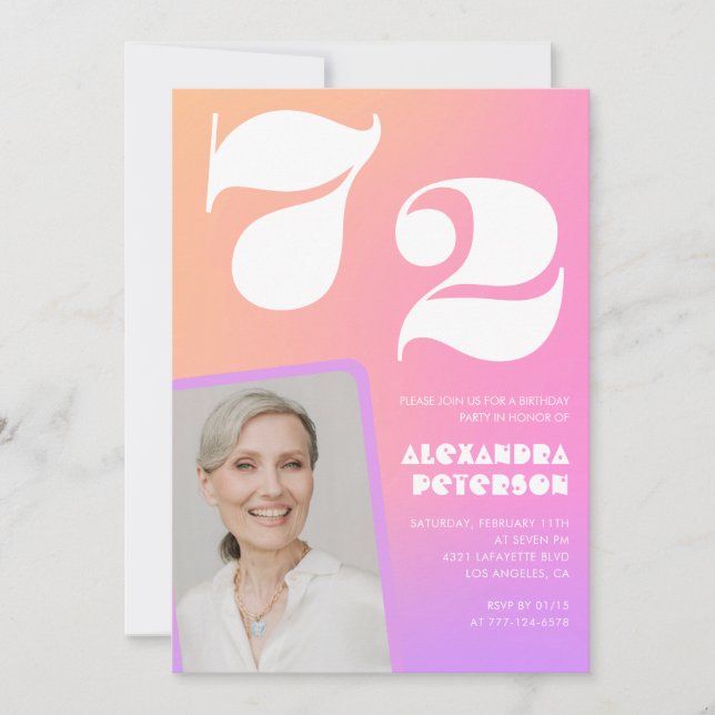 Rosa Gradient Retro Photo 72:a födelsedagsinbjudan Inbjudningar (Framsida)