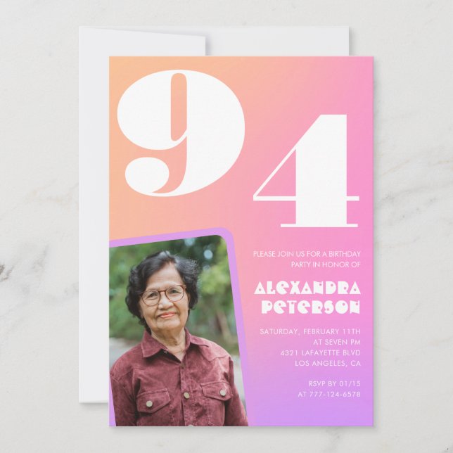 Rosa Gradient Retro Photo 94:e födelsedag Inbjudningar (Framsida)
