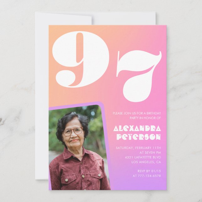 Rosa Gradient Retro Photo 97:e födelsedag Inbjudningar (Framsida)