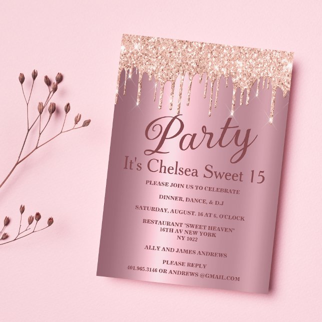 Rosa gradient ro guld glitter droppar Söt 15 Inbjudningar (Pink gradient rose gold glitter drips Sweet 15 Invitation )