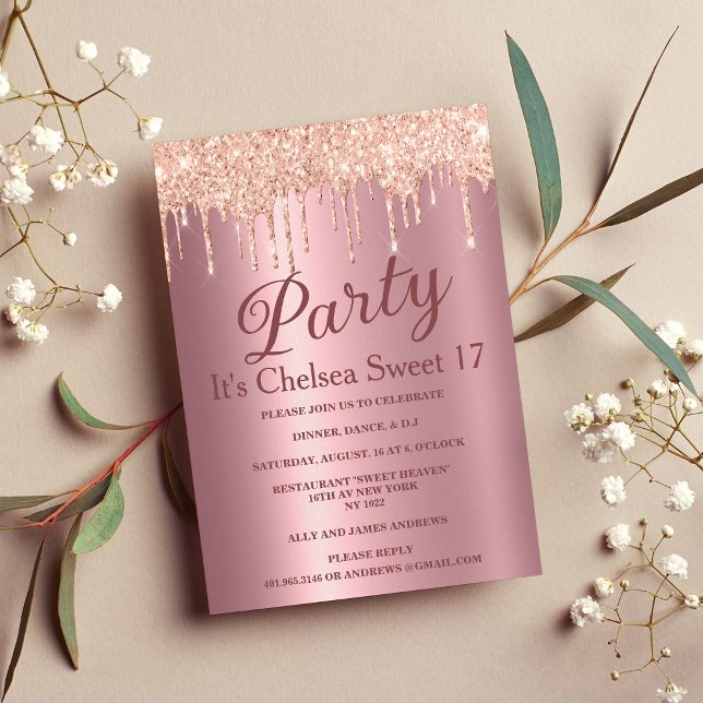 Rosa gradient ro guld glitter droppar Söt 17 Inbjudningar (Pink gradient rose gold glitter drips Sweet 17)