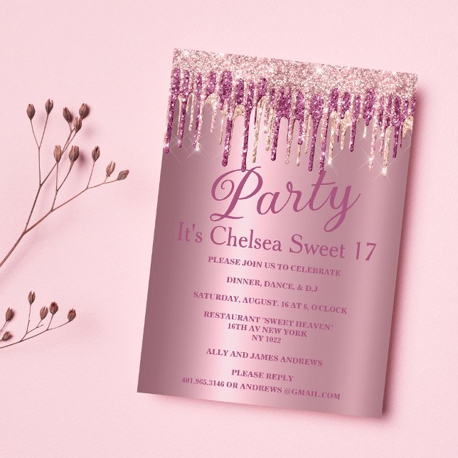 Rosa gradient ro guld glitter drops Sweet 17 Inv. Inbjudningar (Pink gradient rose gold glitter drips Sweet 17)