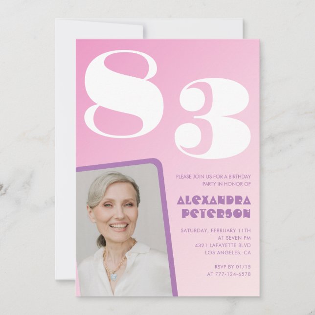 Rosa gradientfoto 83-årsdag inbjudningar (Framsida)