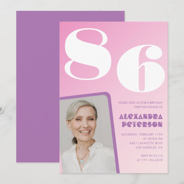 Rosa gradientfoto 86-årsdag inbjudningar (Fram/baksida)