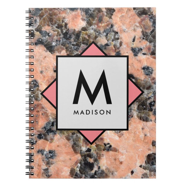 Rosa Granite Sten med ditt namn och Monogram på Anteckningsbok (Framsidan)
