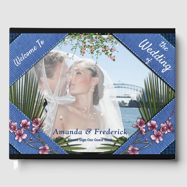 Rosa Graphic Flowers på Blue-tyg struktur Gästböcker (Framsida)