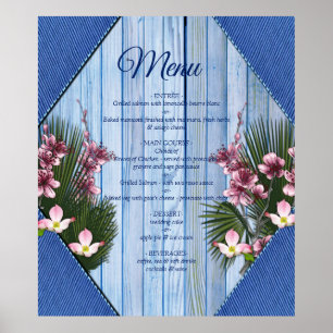 Rosa Graphic Flowers på Blue-wood-wooden Struktur Poster