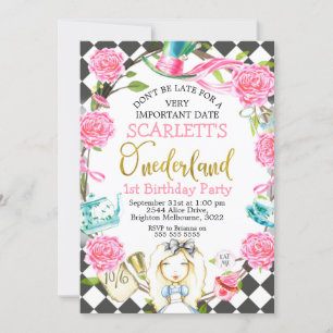Rosa Grått Alice i Onederland 1:a födelsedag Inbjudningar