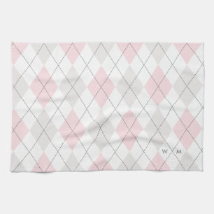 Rosa & Grått Argyle Mönster Monogram Kitchen Towel Kökshandduk
