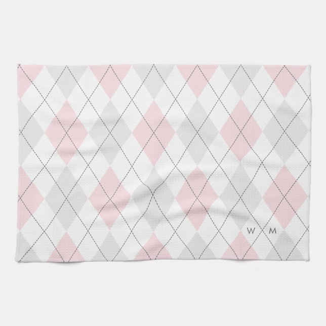 Rosa & Grått Argyle Mönster Monogram Kitchen Towel Kökshandduk (Horisontell)