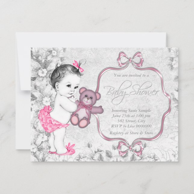 Rosa Grått Babyflicka Vintage Babyfirande Inbjudningar (Framsida)