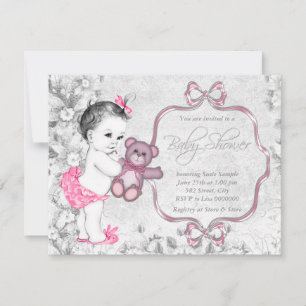 Rosa Grått Babyflicka Vintage Babyfirande Inbjudningar