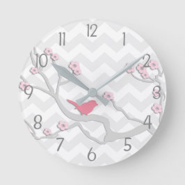 Rosa Grått Bird på Gren Wall Clock Rund Klocka