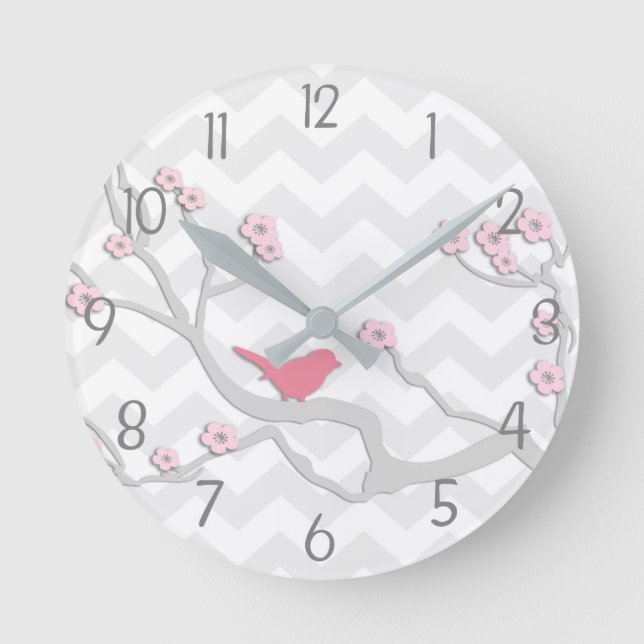 Rosa Grått Bird på Gren Wall Clock Rund Klocka (Framsida)