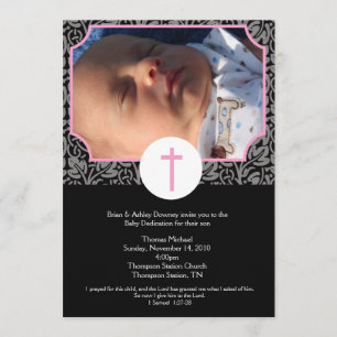 Rosa/Grått/Black Baptism Baby Dedication 5x7-foto Inbjudningar