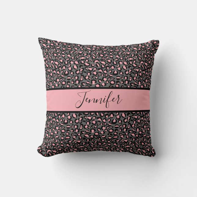Rosa Grått Black Cheetah Monogram Dekorativ kudde (Framsida)