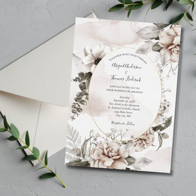 Rosa Grått Blommigt Botanisk Elegant Formal Bröllo Inbjudningar (Blush Pink Gray Floral Watercolor Wedding Invitation. Elegant and Classic.)
