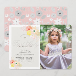 Rosa Grått Blommigt Girl Photo First Heliga Commun Inbjudningar