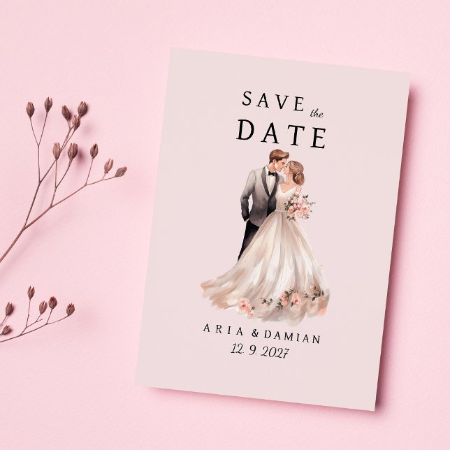  rosa grått blommigt med foto Spara datum Inbjudningar (Blush pink gray floral couple photo Save the Date )