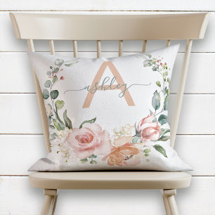  Rosa & Grått Blommigt Utandning Namn Monogram Kudde