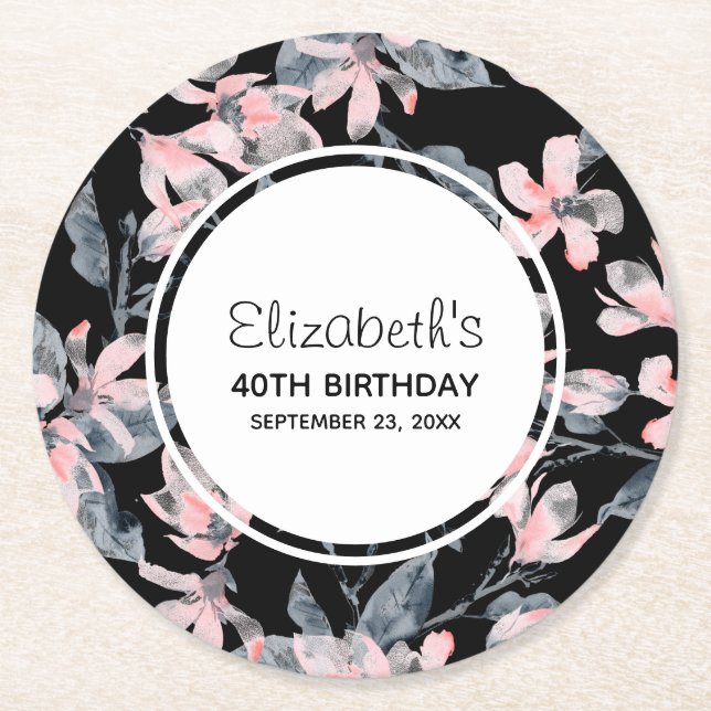 Rosa & Grått Blommigt Vattenfärg Mönster födelseda Underlägg Papper Rund (Framsidan)