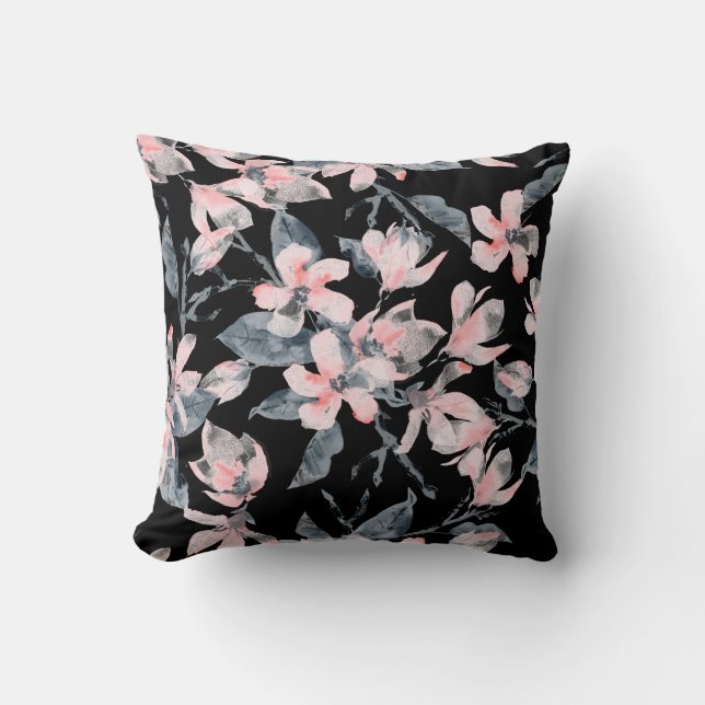 Rosa & Grått Blommigt Vattenfärg Mönster Kudde (Framsida)