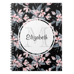 Rosa & Grått Blommigt Vattenfärg Mönster Monogram Anteckningsbok