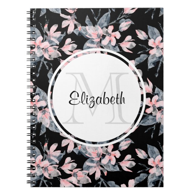 Rosa & Grått Blommigt Vattenfärg Mönster Monogram Anteckningsbok (Framsidan)
