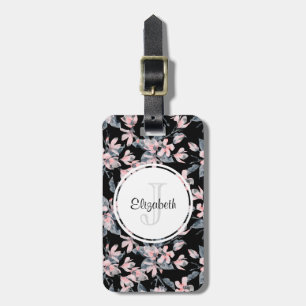 Rosa & Grått Blommigt Vattenfärg Mönster Monogram Bagagebricka