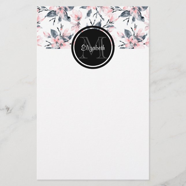 Rosa & Grått Blommigt Vattenfärg Mönster Monogram Brevpapper (Framsida)