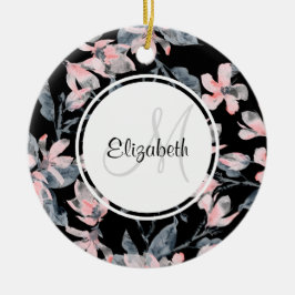 Rosa & Grått Blommigt Vattenfärg Mönster Monogram Julgransprydnad Keramik