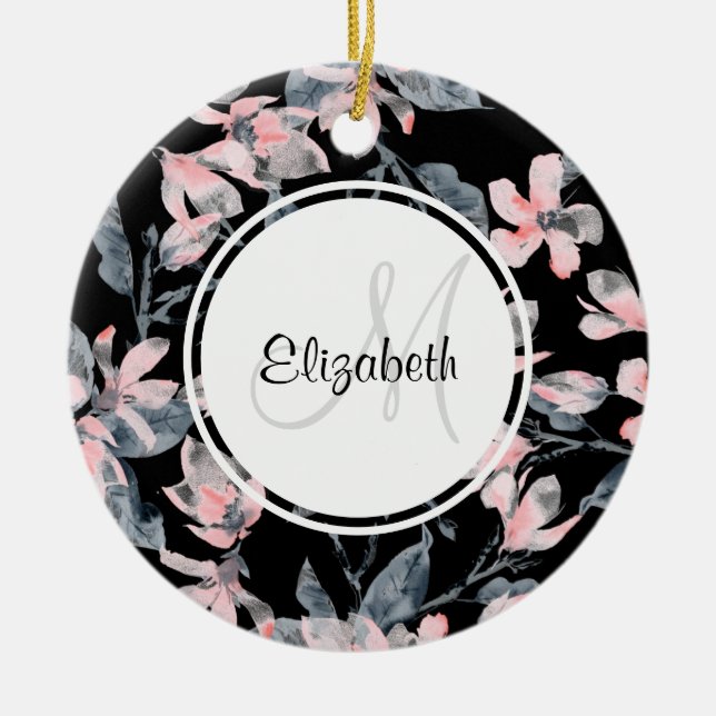 Rosa & Grått Blommigt Vattenfärg Mönster Monogram Julgransprydnad Keramik (Framsidan)