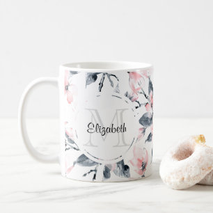 Rosa & Grått Blommigt Vattenfärg Mönster Monogram Kaffemugg