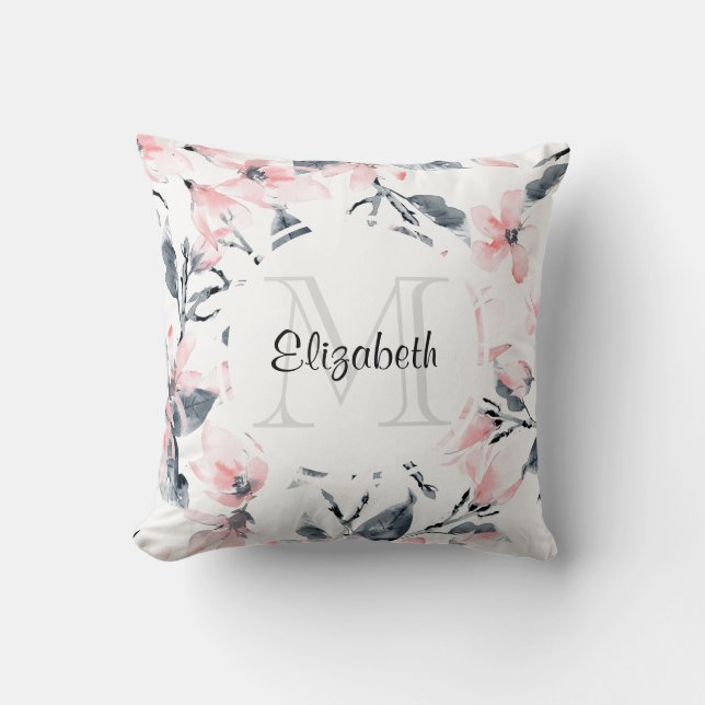 Rosa & Grått Blommigt Vattenfärg Mönster Monogram Kudde (Framsida)