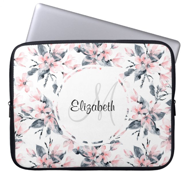 Rosa & Grått Blommigt Vattenfärg Mönster Monogram Laptop Fodral (Framsidan)