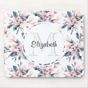 Rosa & Grått Blommigt Vattenfärg Mönster Monogram Musmatta